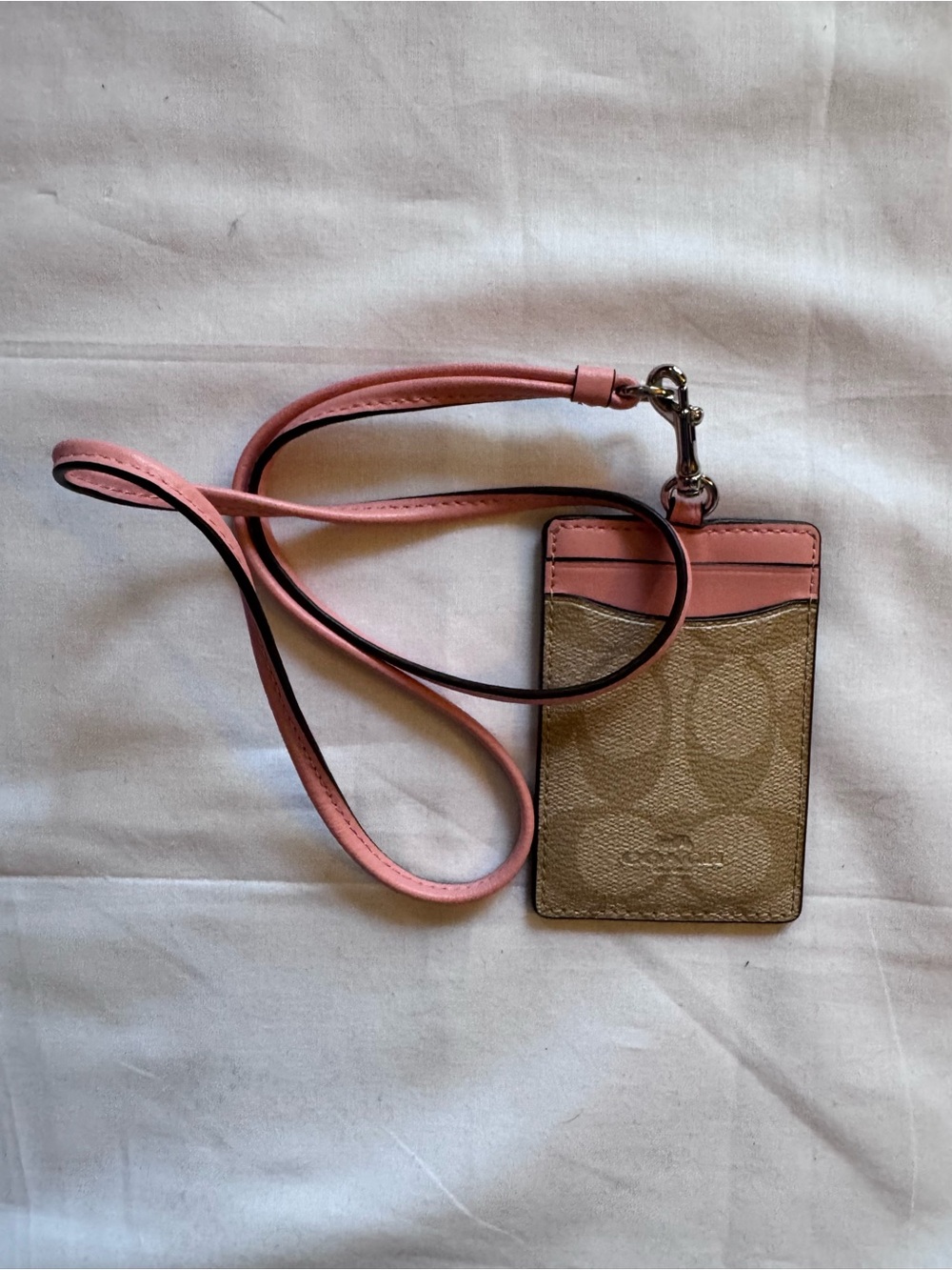 Coach Pink and Tan Card Holder Lanyard - Leather ID Badge Holder